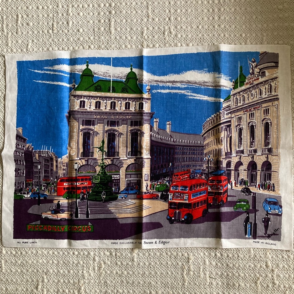 Pure Irish Linen Towel Piccadilly Circus for Swan and Edgar - vintage